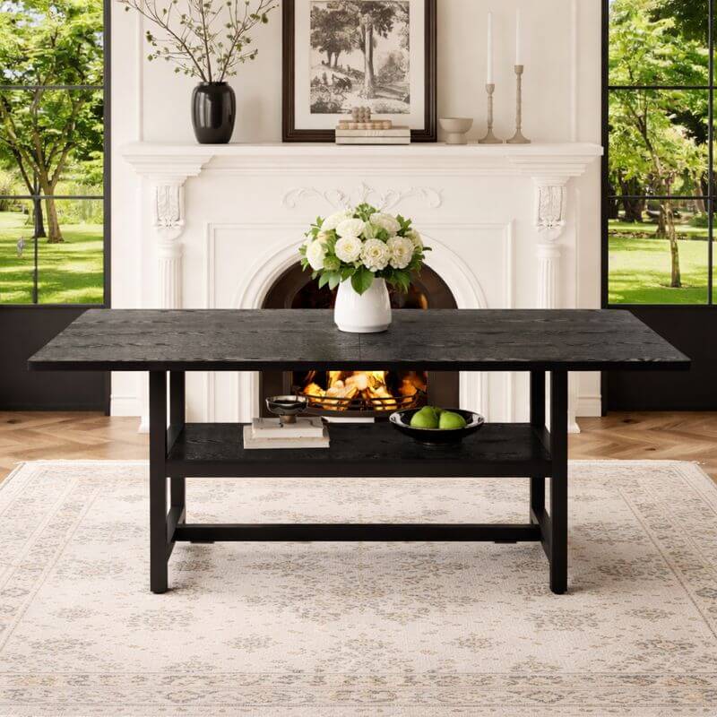 Black modern dining table with wood grain tabletop in elegant interior