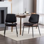 Black upholstered dining chair set with walnut wood seat shell and metal legs