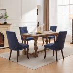 Classic style dining chair with blue textile upholstery and sturdy wooden base