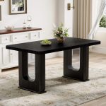 Contemporary black dining table featuring MDF construction and glass inlay