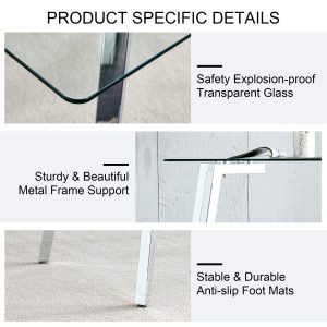 Contemporary glass dining table with tempered glass surface and sleek steel legs