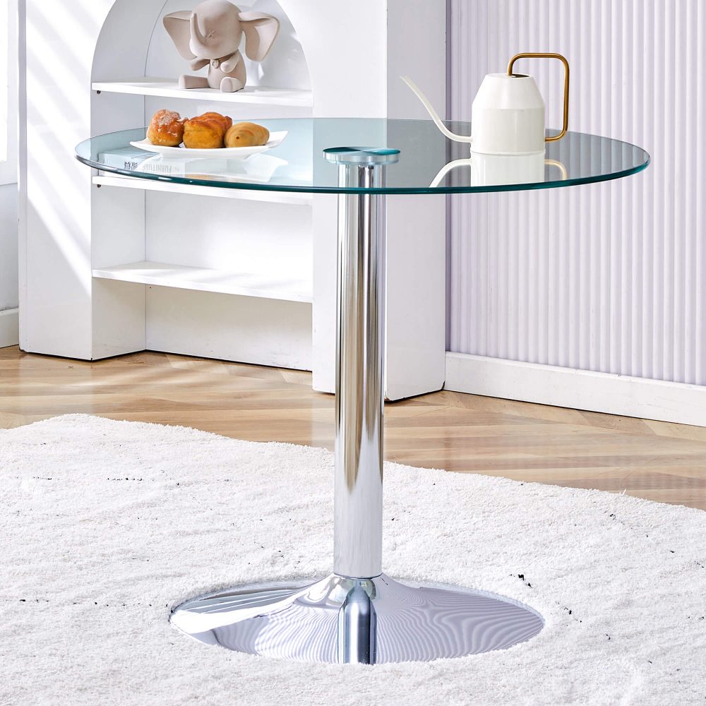 Contemporary glass table with round tempered glass top and metal pedestal