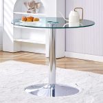 Contemporary glass table with round tempered glass top and metal pedestal