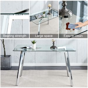 Dining table with transparent tempered glass top and polished metal frame
