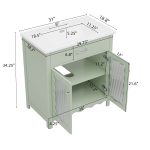 Green bathroom vanity with ceramic sink and detailed size dimensions
