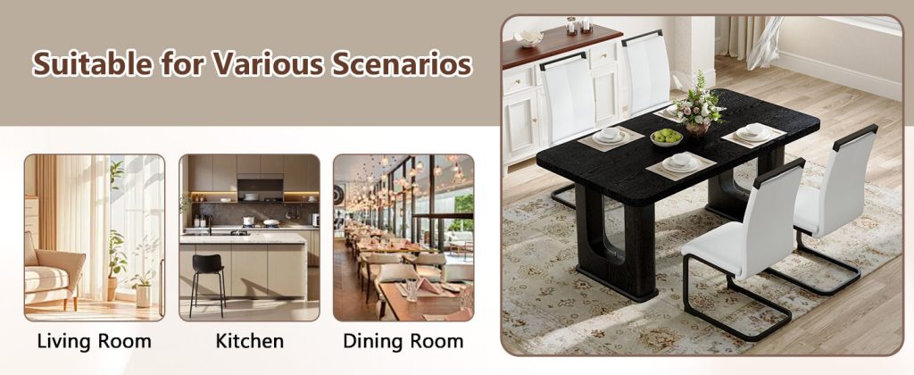 Luxury black dining table with matte wood texture and gray glass insert