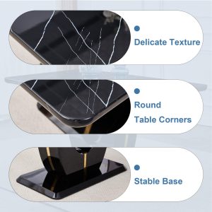 Luxury-inspired dining table with imitation marble top and solid pedestal base