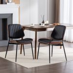 Minimalist dining chair set in black faux leather with walnut wood detailing