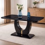 Modern black dining table with imitation marble grain MDF tabletop and glossy finish