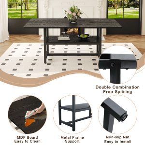 Modern black dining table with wood grain surface and strong legs