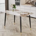 Modern dining table with marble pattern tabletop and sleek black legs