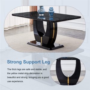 Modern dining table with sleek black marble texture and rectangular shape