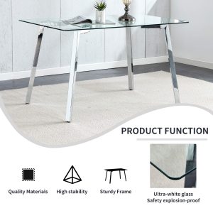 Modern glass dining table with clear tempered glass top and silver metal legs