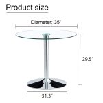 Modern round glass table with chrome pedestal base in minimalist interior
