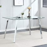 Rectangular glass dining table featuring transparent tabletop and chrome finish legs