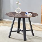 Round wood dining table with sturdy black steel base