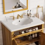 Single sink bathroom vanity with wood finish and classic legs