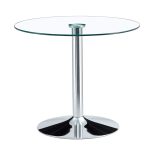 Sleek round glass table combining transparent top and chrome finish base