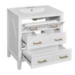 bathroom vanity white with gold faucet and accessories