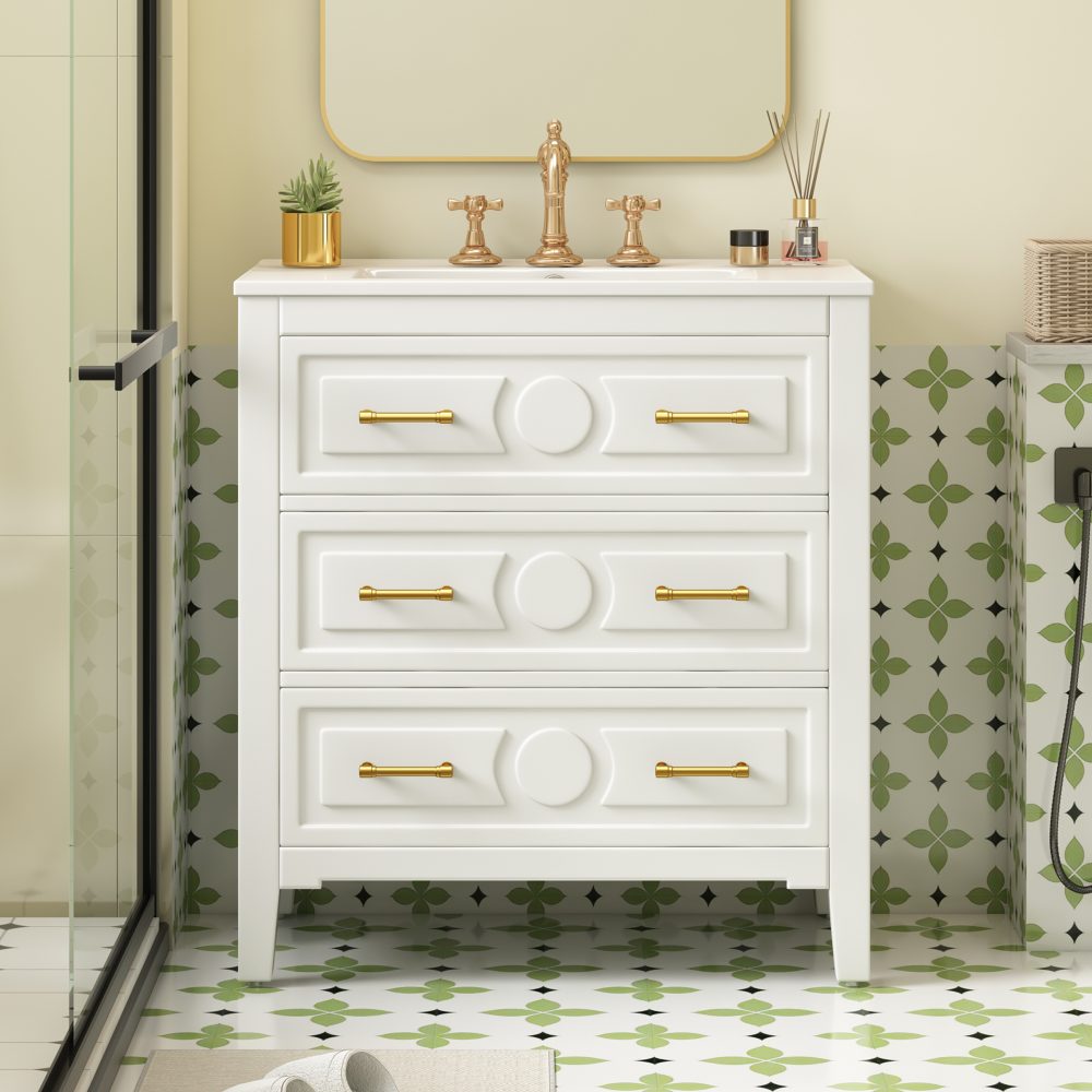 bathroom vanity white with gold handles and carved drawer design