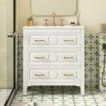 bathroom vanity white with gold handles and carved drawer design