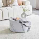 Modern round coffee table featuring white marble pattern finish and solid wood core
