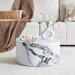 Low round coffee table with marble texture surface and clean modern design