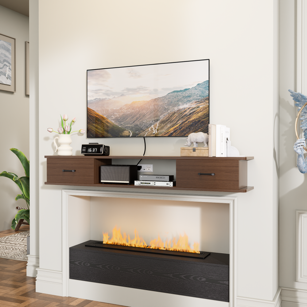 Walnut wood floating mantel shelf with built-in storage drawers and media compartments