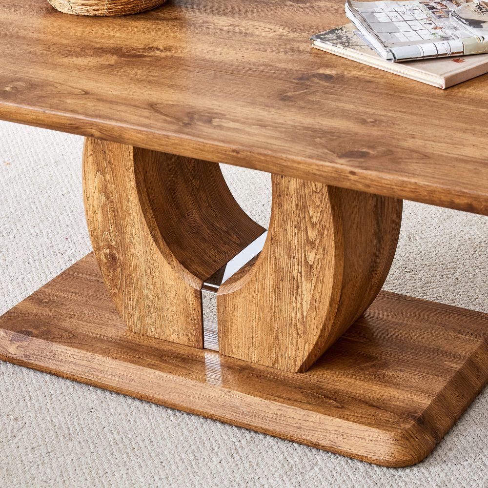 Contemporary MDF wood coffee table featuring silver metal accent details
