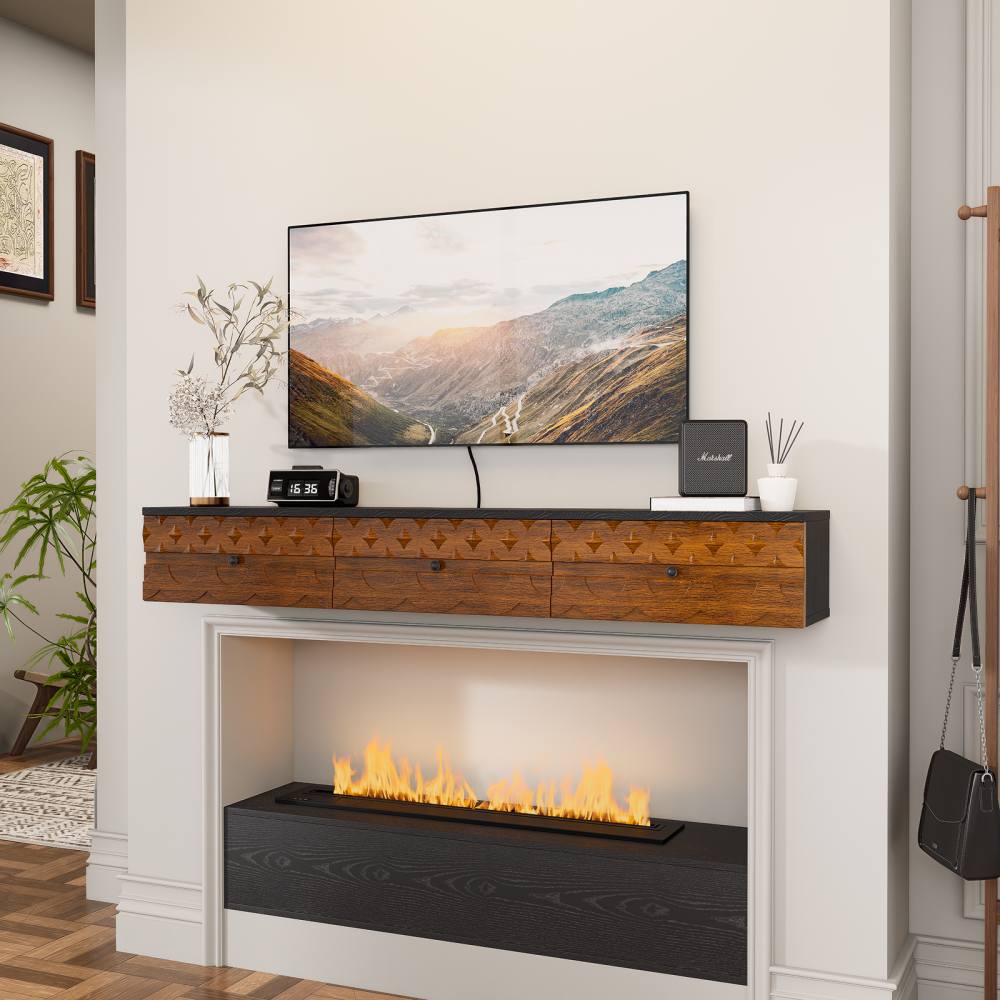 Modern carved Wood Mantel Shelf for fireplace featuring intricate geometric patterns, a black top surface, three drawers with knobs, and a floating design installed above a contemporary linear fireplace