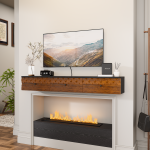 Modern carved Wood Mantel Shelf for fireplace featuring intricate geometric patterns, a black top surface, three drawers with knobs, and a floating design installed above a contemporary linear fireplace