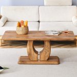 Modern wood coffee table with curved base and silver metal strip decoration