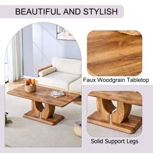 Wood grain MDF coffee table with thick tabletop and rounded edges