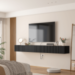 Bold black grille door tv stand for industrial interior design.