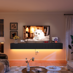 Durable plywood black media cabinet with vertical grille doors.