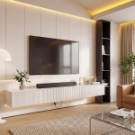 Elegant white wall mounted tv console with fluted door panels.