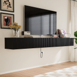 Matte finish black wall hung tv unit with elegant slatted doors.