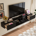 Minimalist black fluted tv stand with no assembly required.