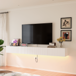 Minimalist white grille door tv stand for modern living room.