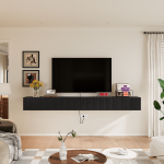Modern black floating tv stand featuring fluted door accents.