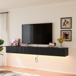 Pre-assembled black floating tv console with slatted wood texture.