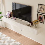 Scandi-style white floating entertainment center with grille doors.