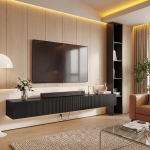 Sophisticated matte black grille door tv stand for home cinema.