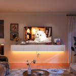 matte white grille door tv stand with wooden drawers.