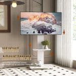 Adjustable mobile TV stand made of sturdy metal, with integrated cable management and two spacious white shelves.