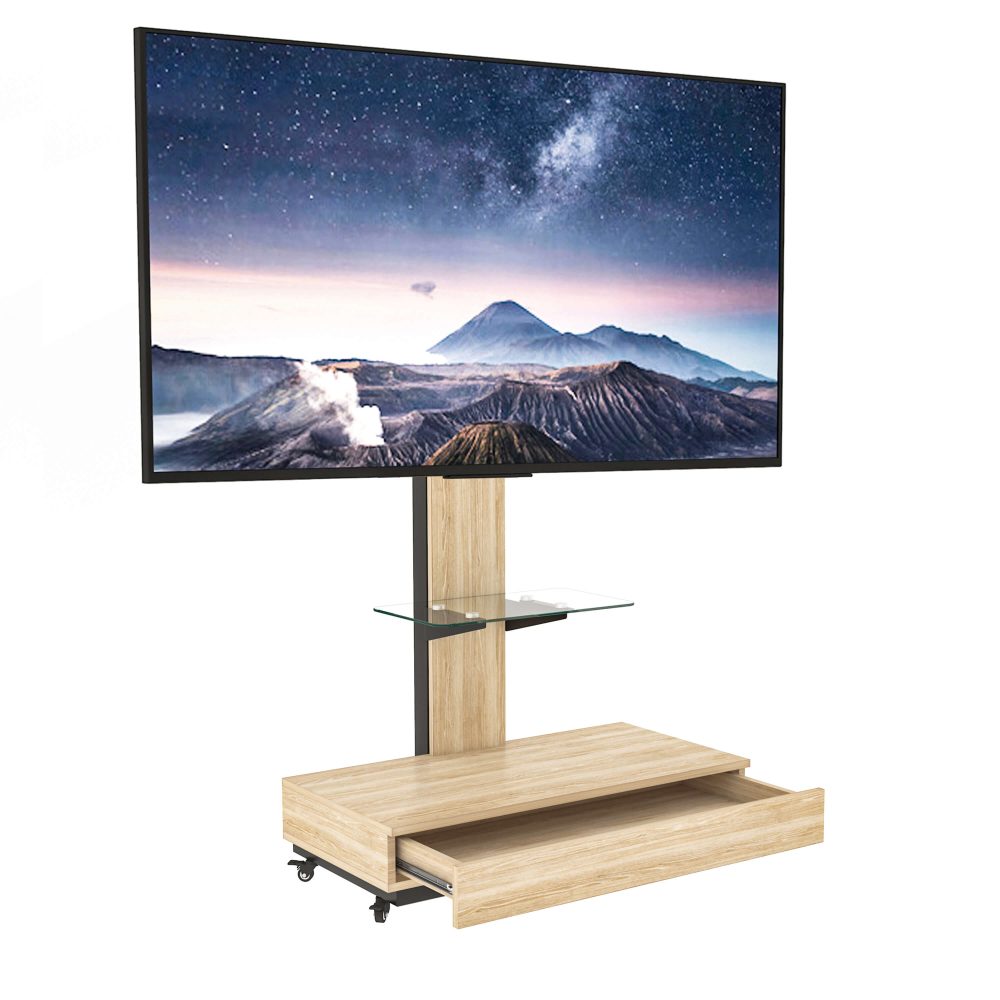 Height-adjustable mobile TV stand with integrated cable management for a clean, professional look.