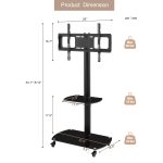 Mobile TV stand with rolling wheels and glass shelves in a modern living room setting Dimensions