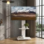 Modern white mobile tv stand with integrated storage and a sleek design.