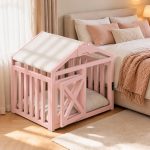 Breathable pink slatted wooden dog house with wooden frame