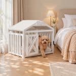 Cozy wooden indoor dog house with plush cushion for small dogs